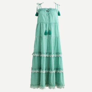 NWT J. Crew Green Gingham Tiered Maxi Dress, Size Medium